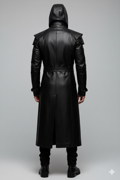 Close-up of the metallic chest buckles and architectural shoulder guards on a premium men's tactical leather trench.