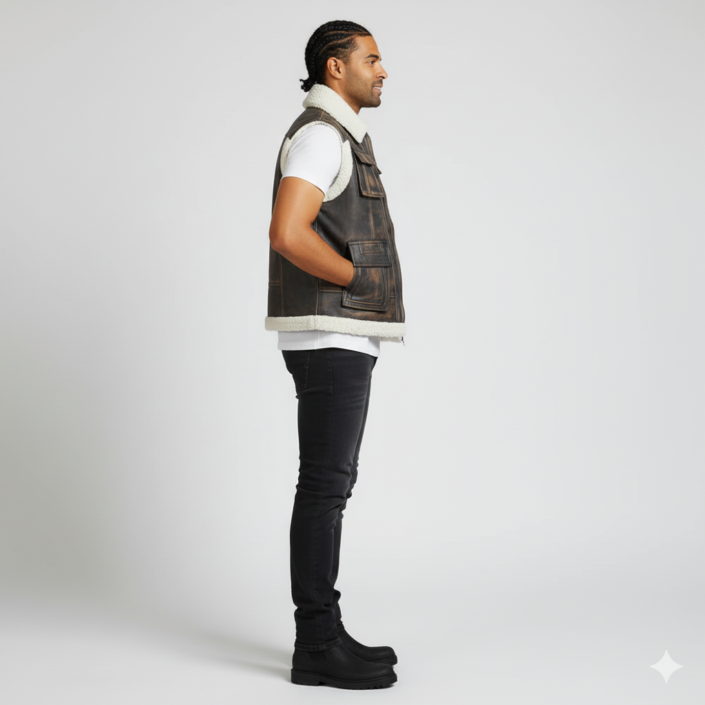 Men's distressed brown leather vest with white shearling faux-fur lining and a full-length zipper closure.