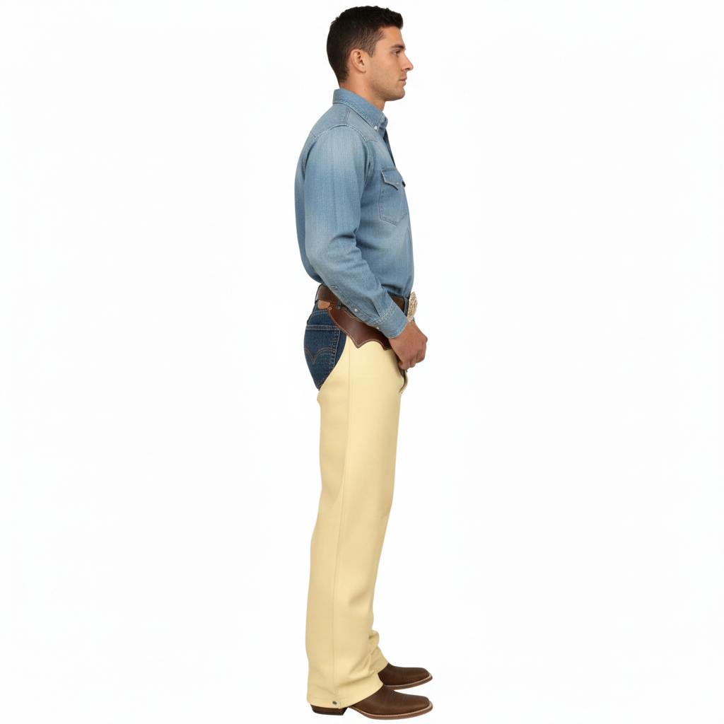 Close-up of the smooth light-colored grain leather and reinforced tonal seaming on professional performance chaps.