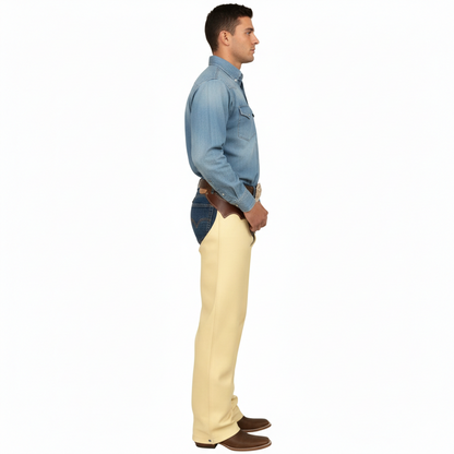 Close-up of the smooth light-colored grain leather and reinforced tonal seaming on professional performance chaps.