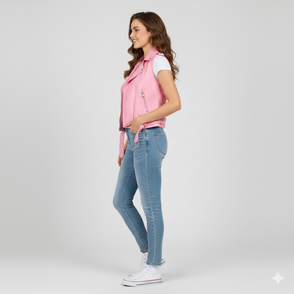 Women's vibrant pink leather biker vest with asymmetrical zipper, wide lapels, and an adjustable waist belt.