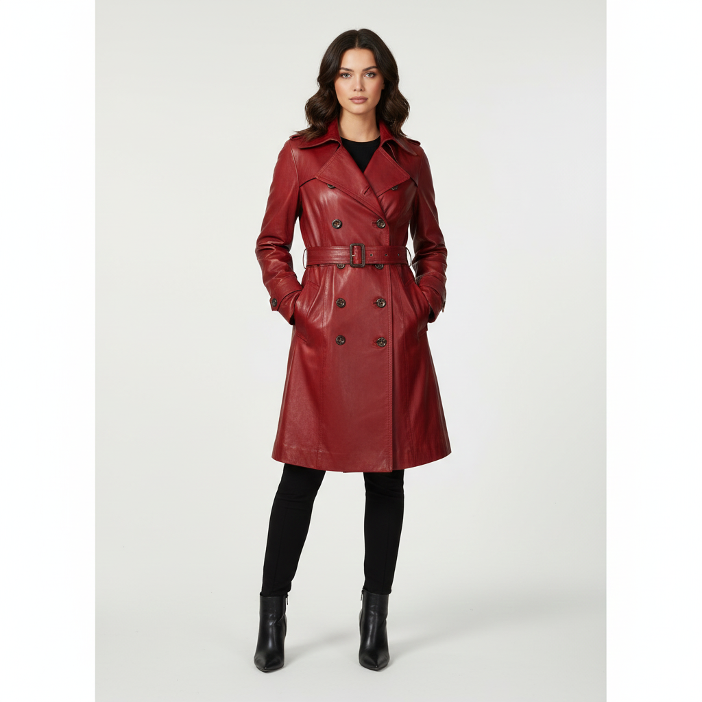 Women's burgundy leather trench coat with a double-breasted front and buckled belt.