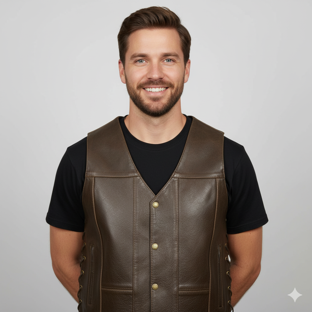 Men's brown leather double-breasted vest with brass buttons and a stand collar.