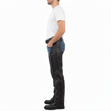 Close-up of the adjustable metallic buckle and reinforced front panel on professional black leather riding chaps.