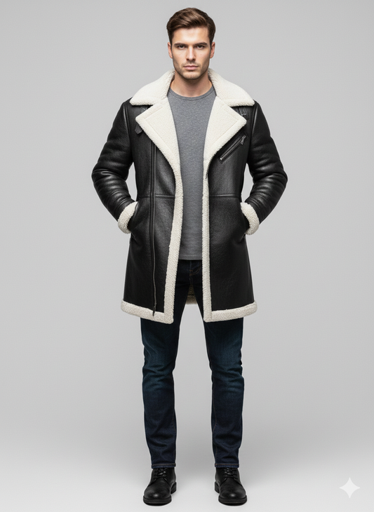 Men's onyx black leather biker coat with a thick cream shearling lining and asymmetrical zipper.