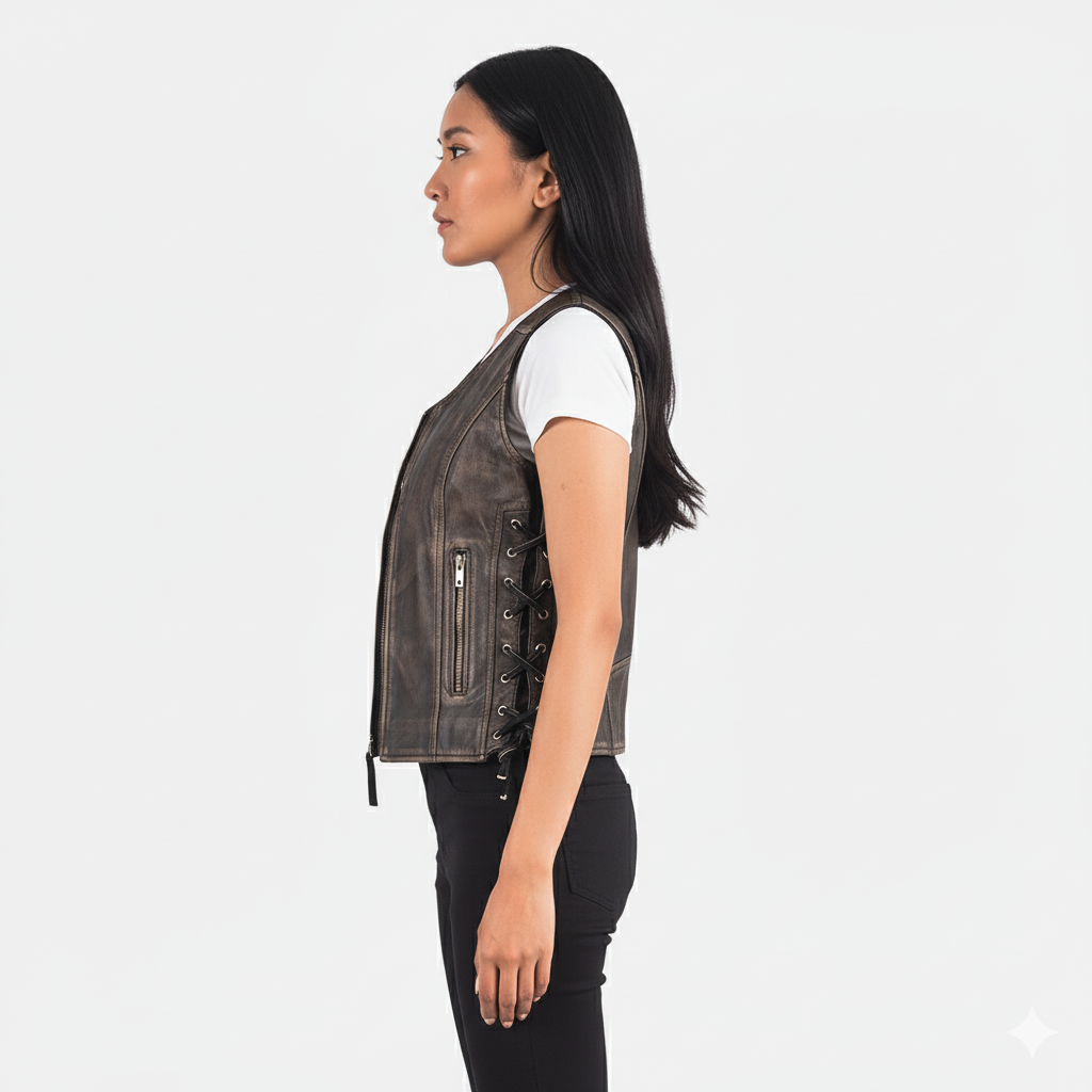 Vintage-style leather vest with zippered pockets, a clean neckline, and decorative lacing along the side seams.