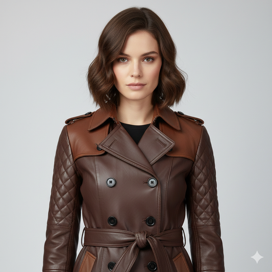 Midi-length brown leather jacket for women featuring a double-breasted front and buckled wrist straps.