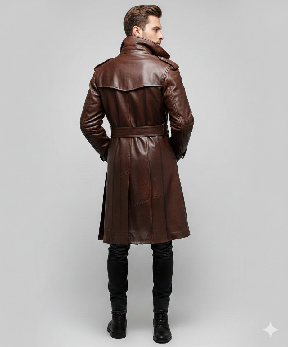 Close-up of the tonal buttons, metallic belt buckle, and textured leather finish on a premium men's mahogany trench.