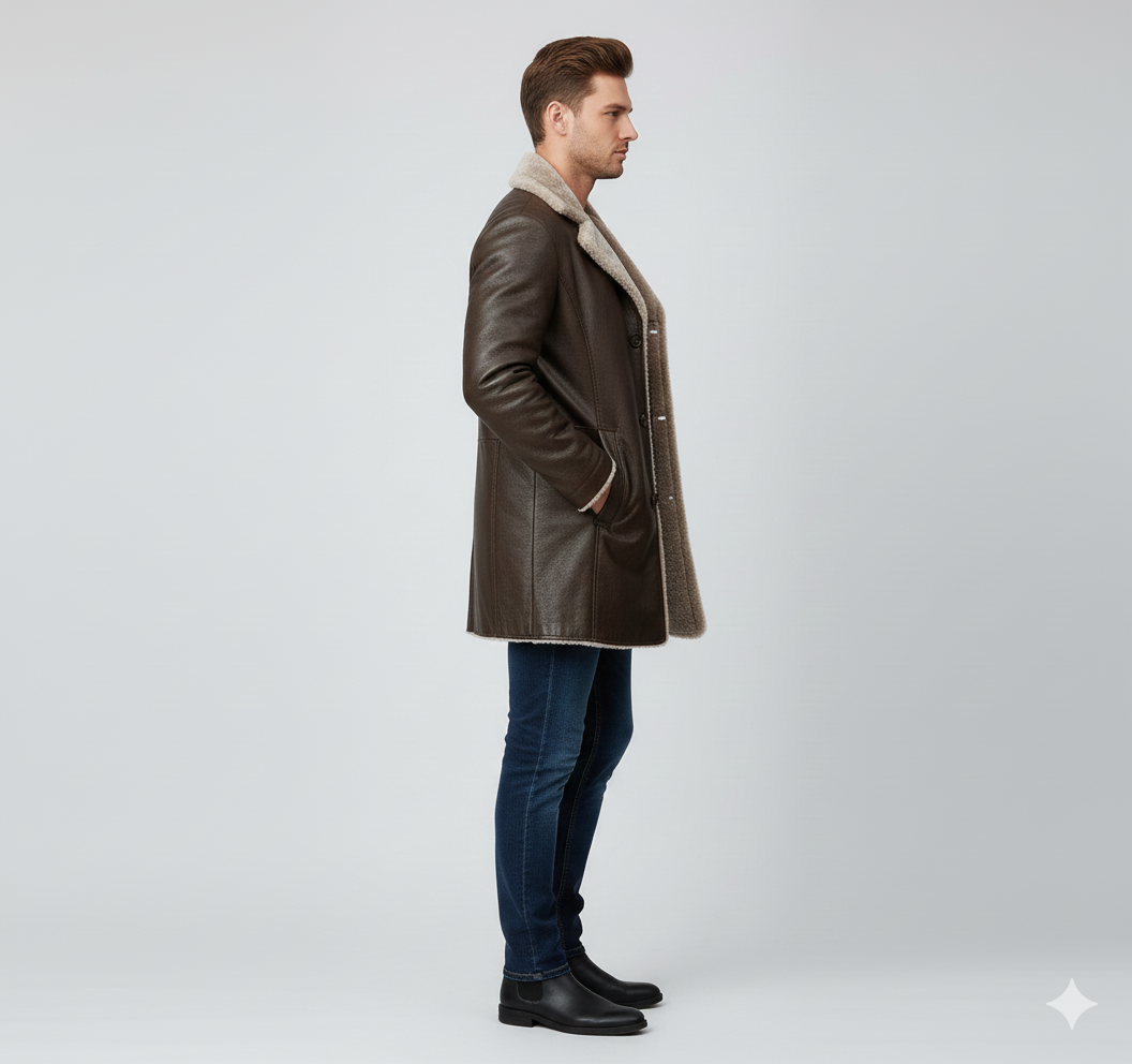 Model wearing a luxury mahogany leather shearling coat