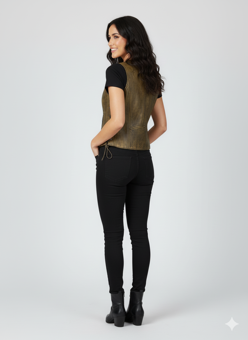 Full view of the rich brown  leather vest, highlighting the brass-toned zipper and side tie details.