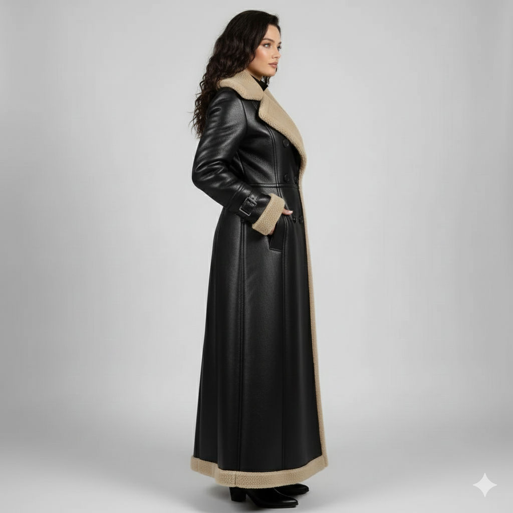 Model wearing a sophisticated long black leather winter coat with cream fur lining and buckled cuffs.