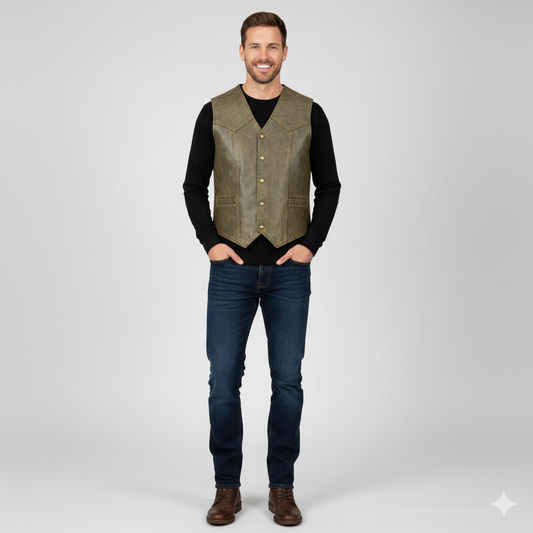 Men's olive green leather Western vest with a V-neck, button-front, and subtle shoulder yoke detailing.