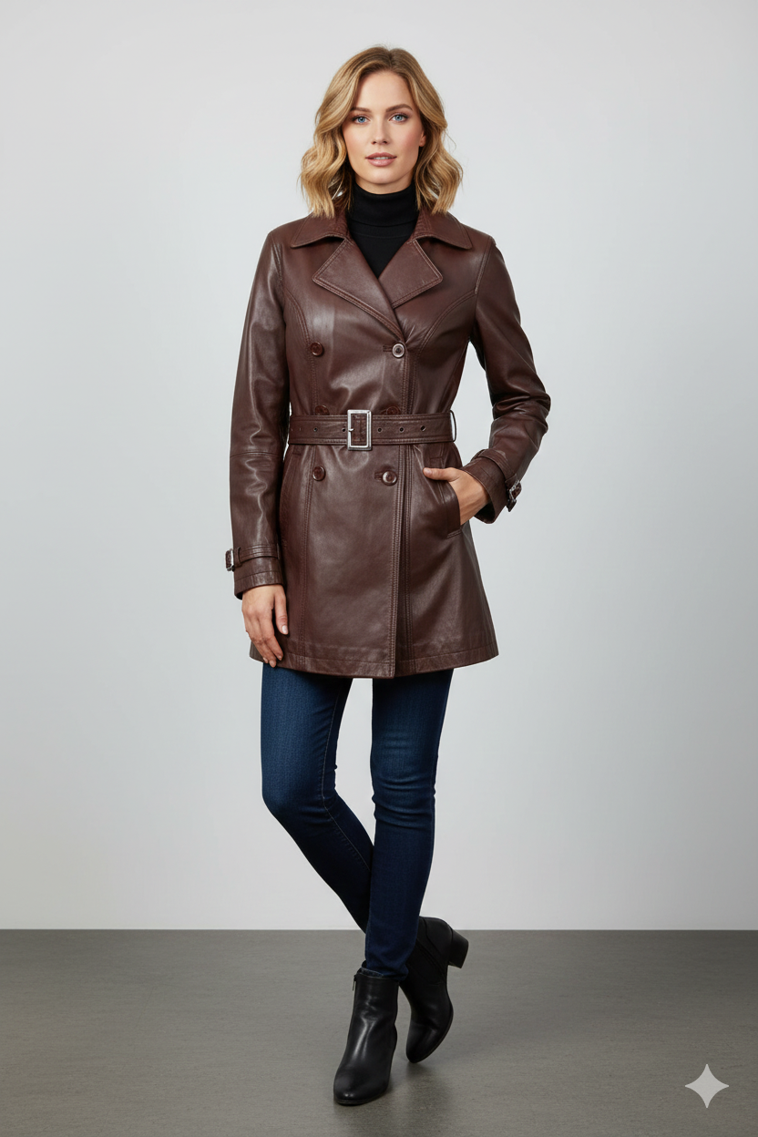 Women's mahogany brown leather trench jacket with a double-breasted front and silver-buckled belt.