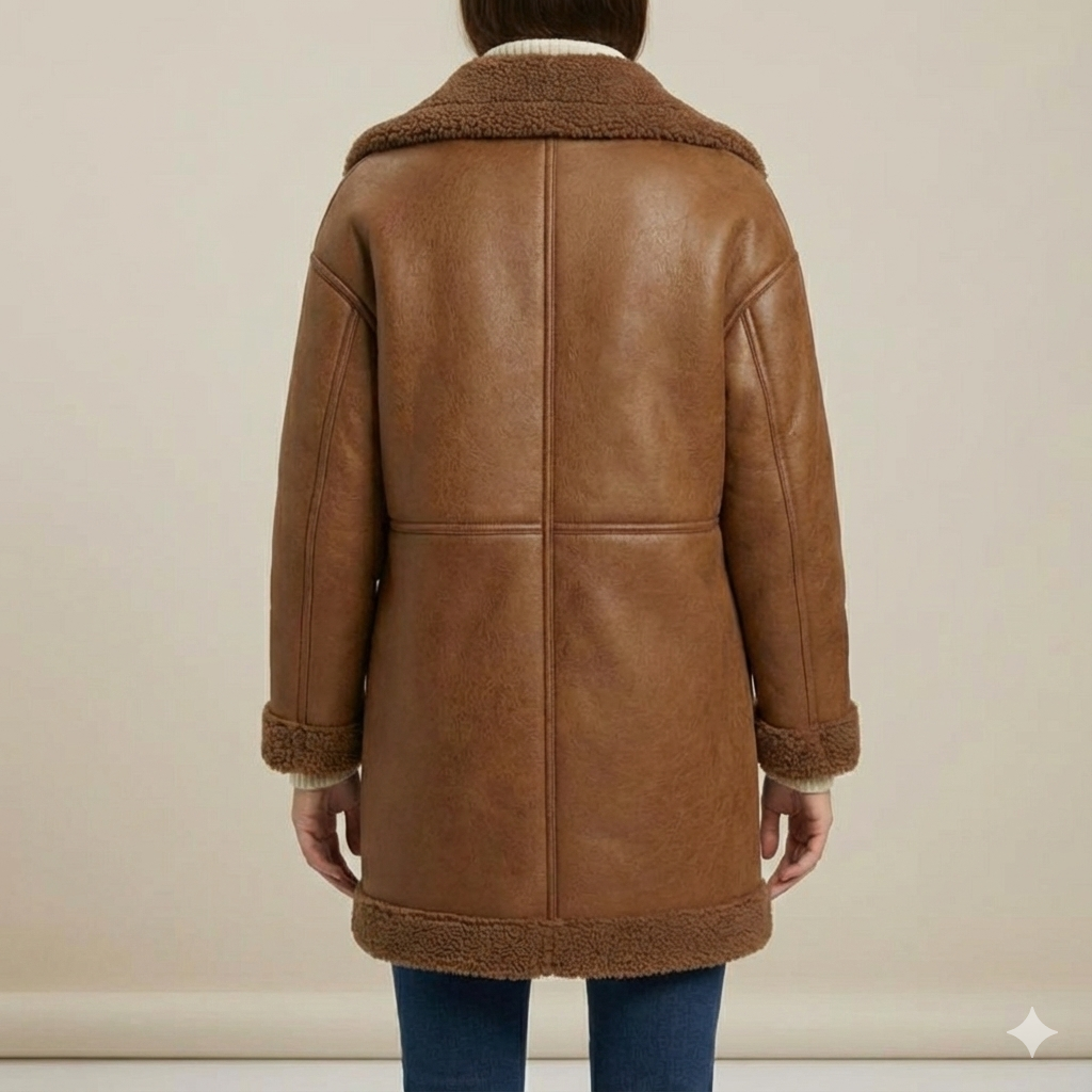 Model wearing a cozy brown shearling-trimmed leather coat over a cream sweater and blue jeans.