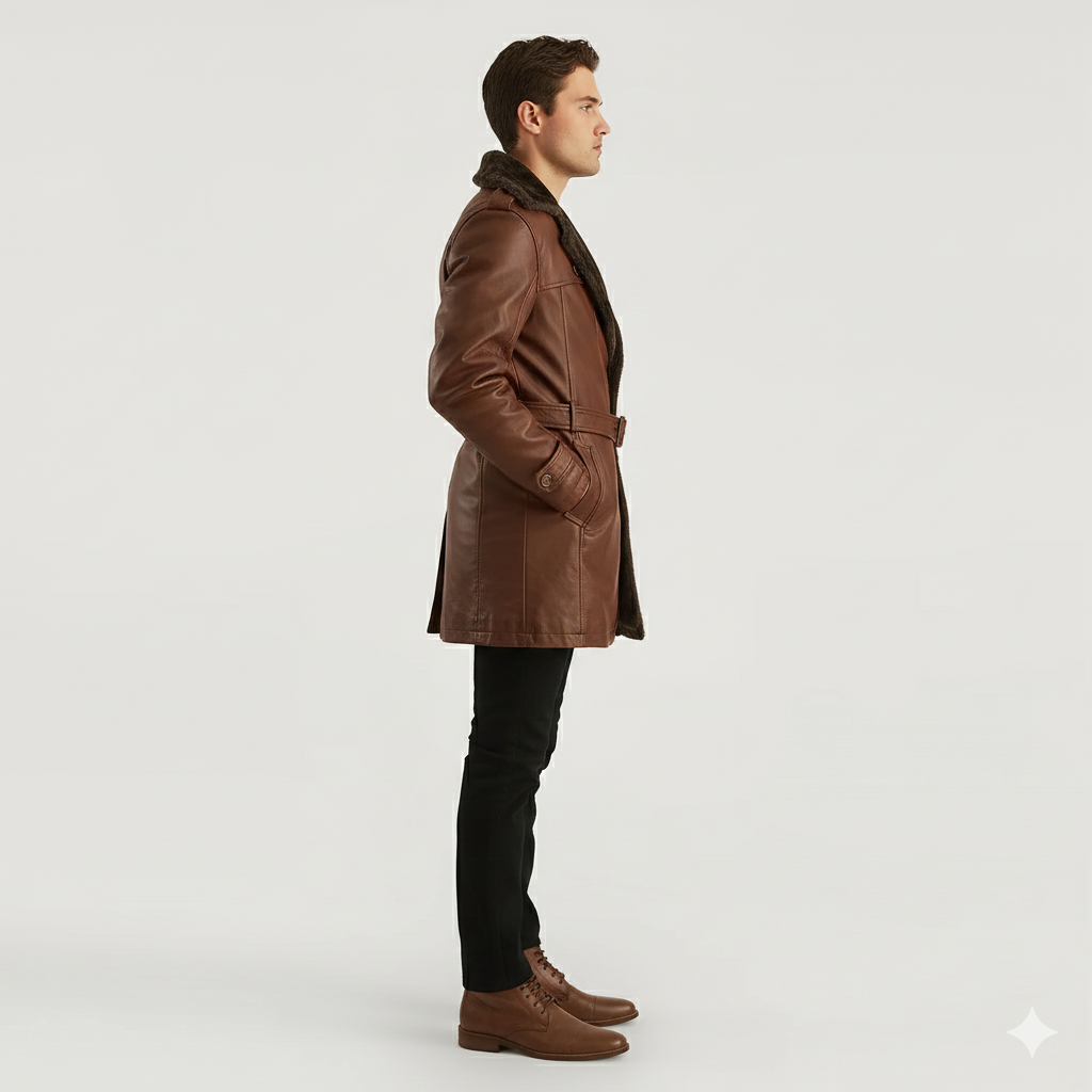 Male model wearing a luxury bourbon leather shearling-lined trench coat.