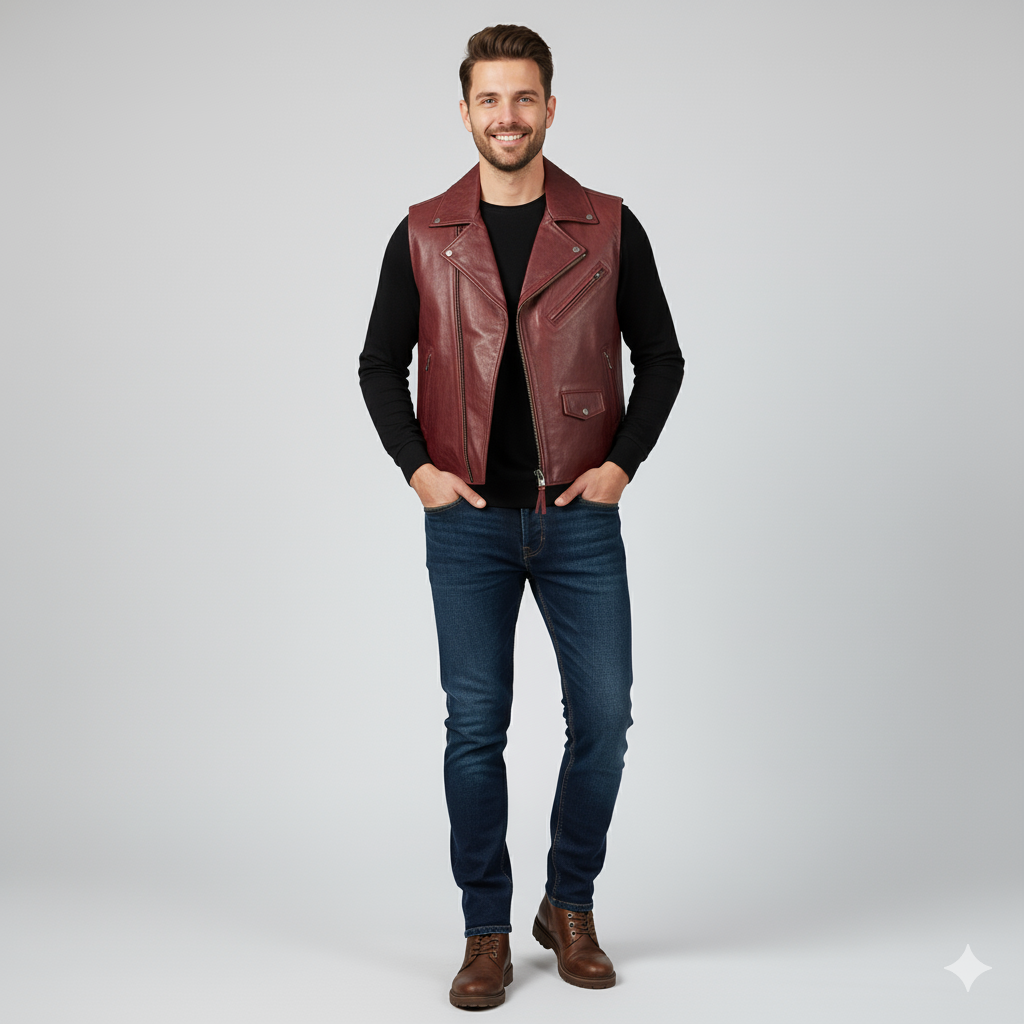 Full-length photo of a man wearing a unique brown leather waistcoat over a black t-shirt and dark jeans.