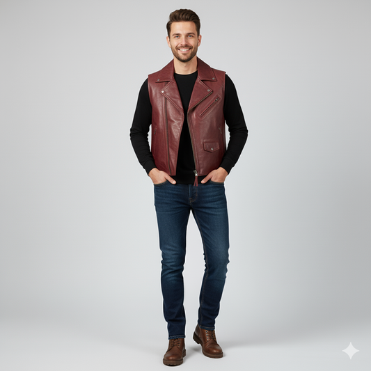 Full-length photo of a man wearing a unique brown leather waistcoat over a black t-shirt and dark jeans.