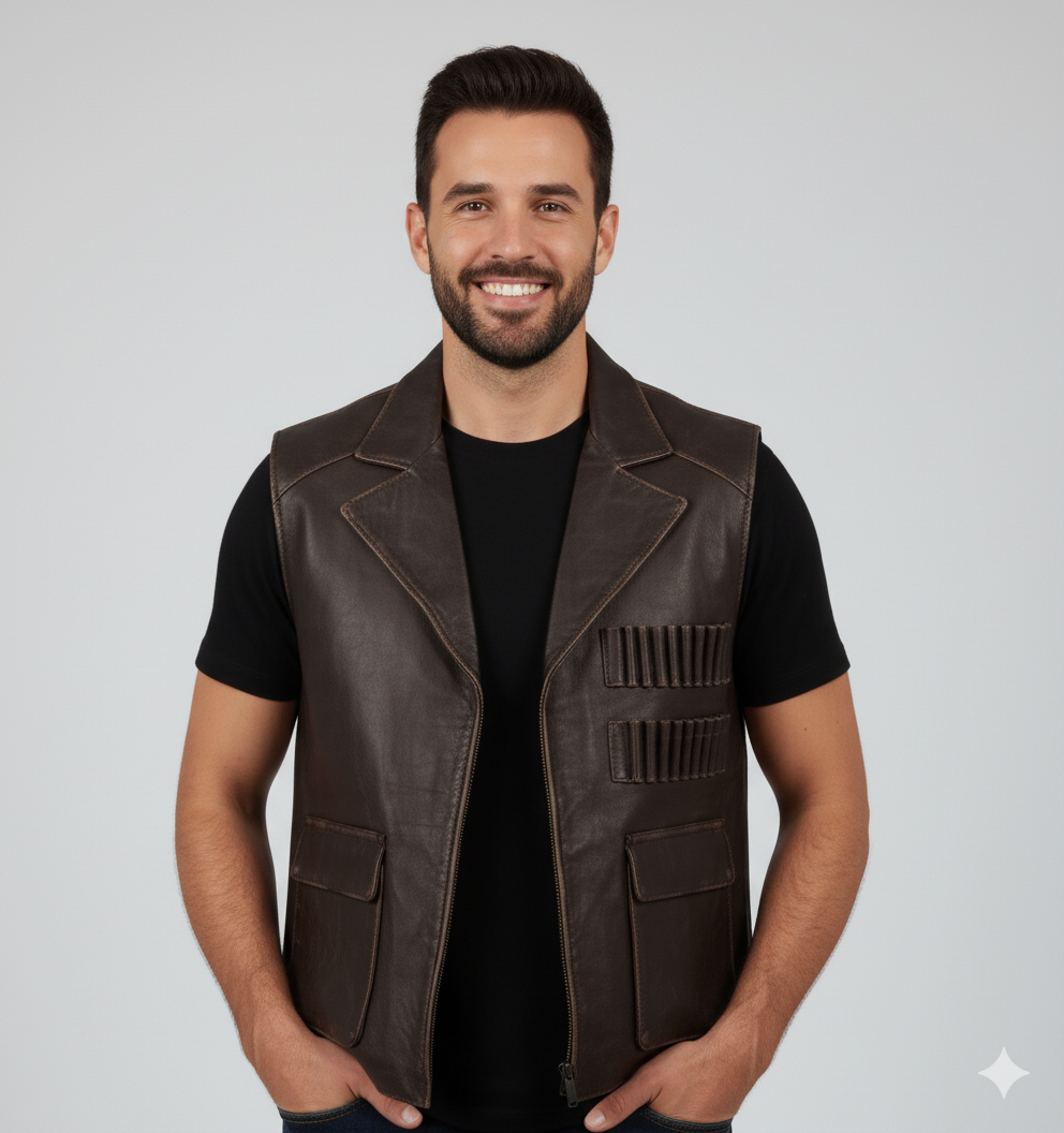 Close-up of the distressed brown leather texture and the functional patch pockets of the vest.