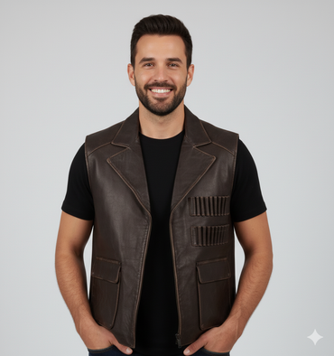 Close-up of the distressed brown leather texture and the functional patch pockets of the vest.