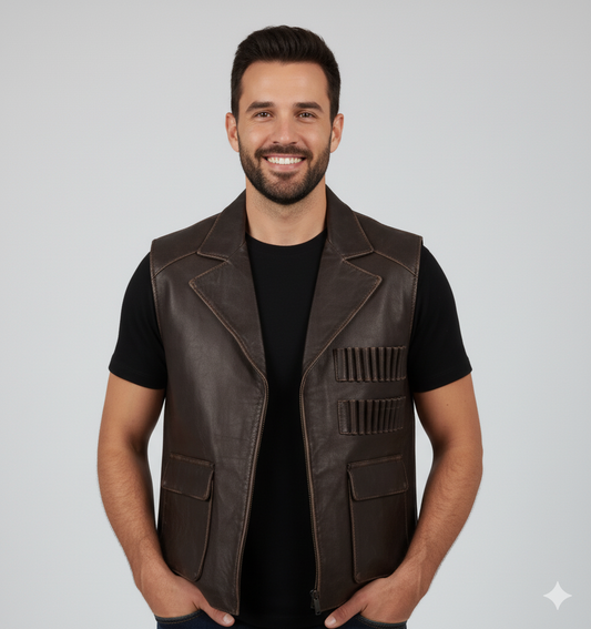 Close-up of the distressed brown leather texture and the functional patch pockets of the vest.