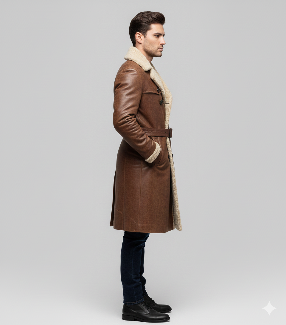 Model wearing a luxury brown leather shearling coat 