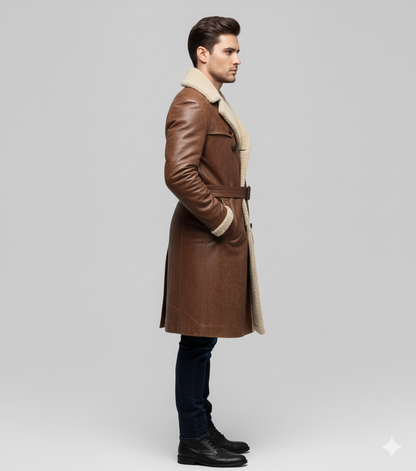 Model wearing a luxury brown leather shearling coat 