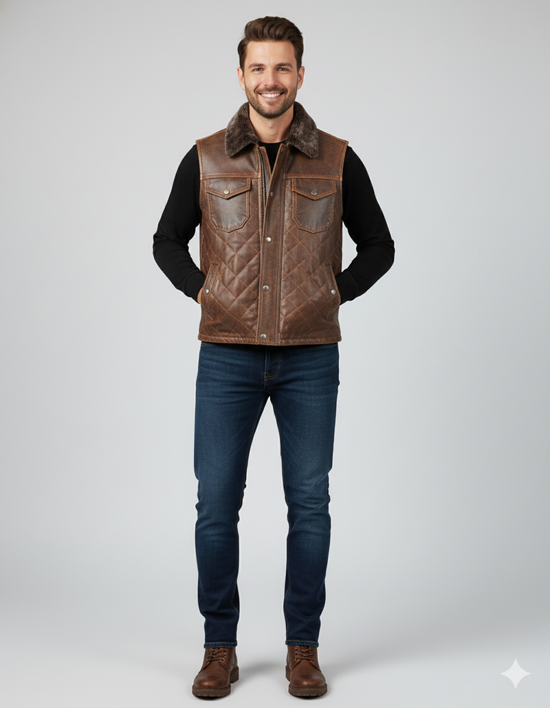 Men's distressed brown leather vest with diamond quilting, snap buttons, and a dark brown fur collar.