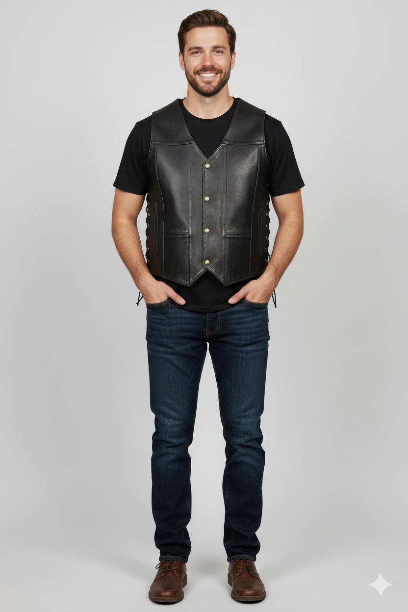 Full-length photo of a man wearing a black leather moto vest over a black t-shirt and dark blue jeans.