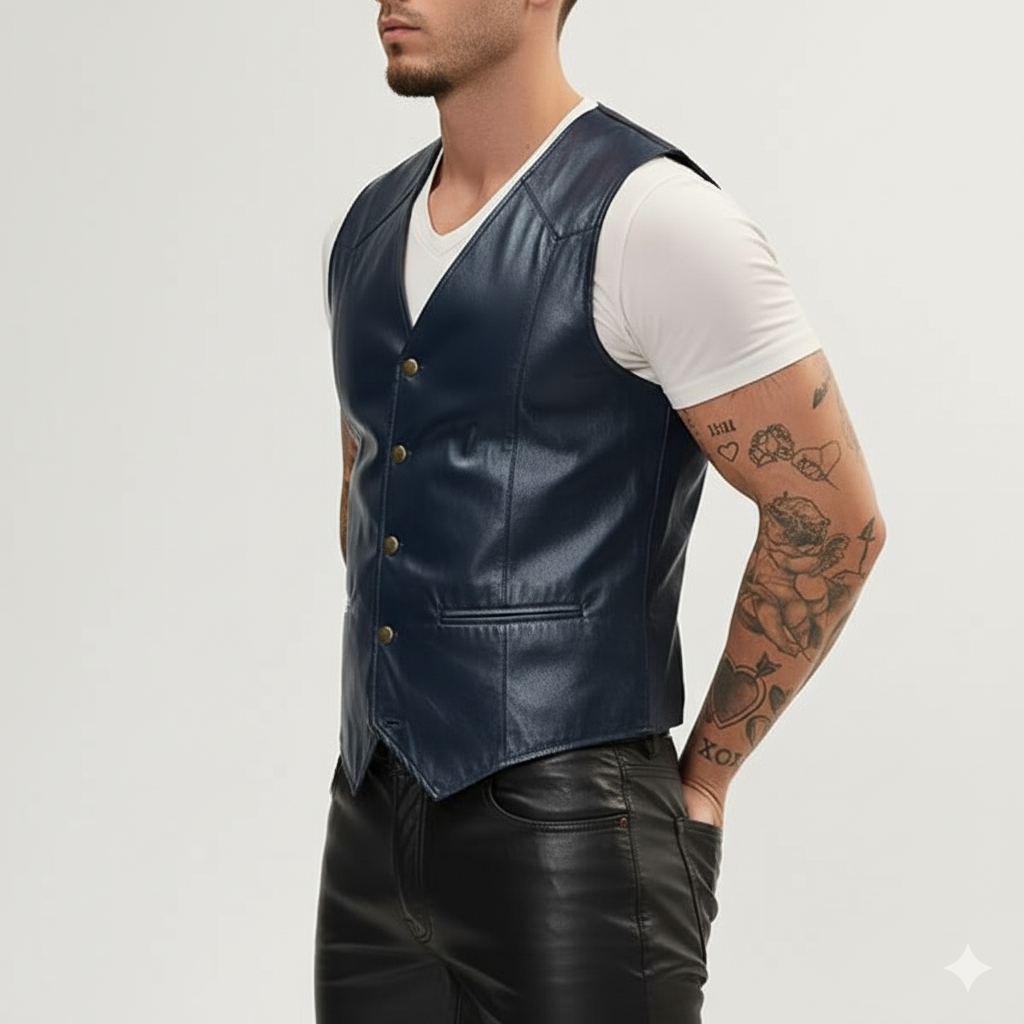 Close-up of a man wearing a dark blue leather vest with a pointed hem over a white t-shirt and black leather pants.