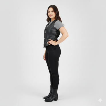 Woman wearing a fitted black leather-look vest over a black long-sleeve shirt, paired with blue skinny jeans and black ankle boots.