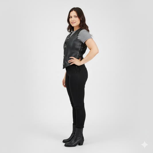 Woman wearing a fitted black leather-look vest over a black long-sleeve shirt, paired with blue skinny jeans and black ankle boots.