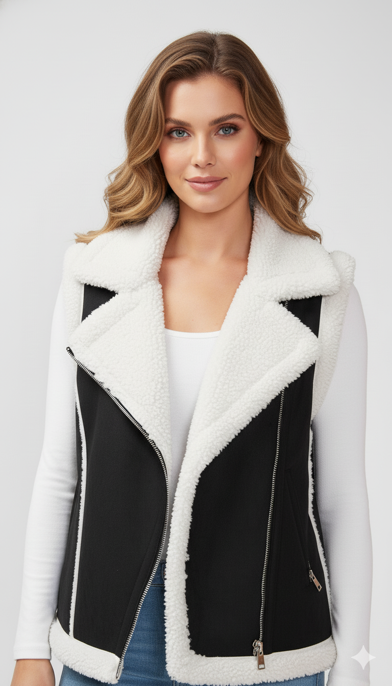 Women's black faux suede biker vest, fully lined and trimmed with white faux shearling, featuring an asymmetrical zip.