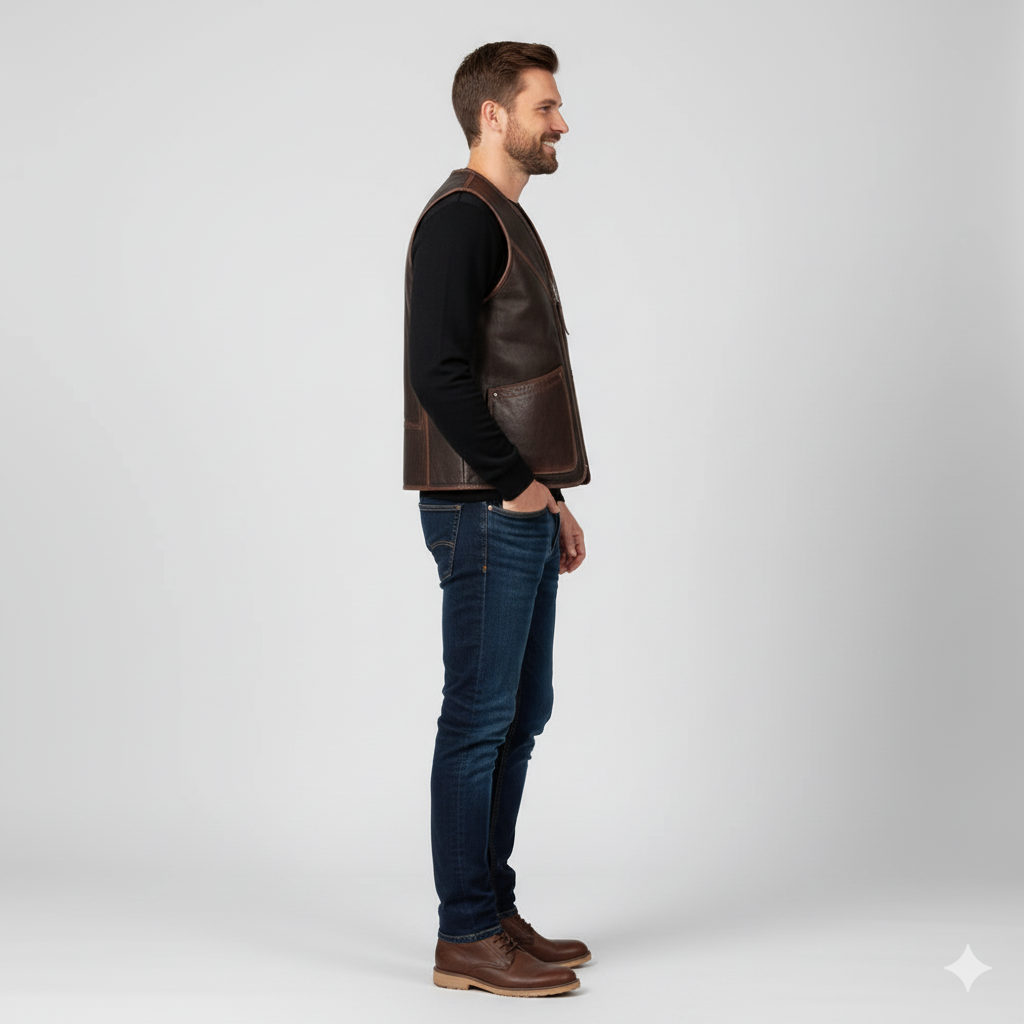 Men's distressed dark brown leather V-neck vest with a full front zipper and contrasting decorative stitching along the seams.