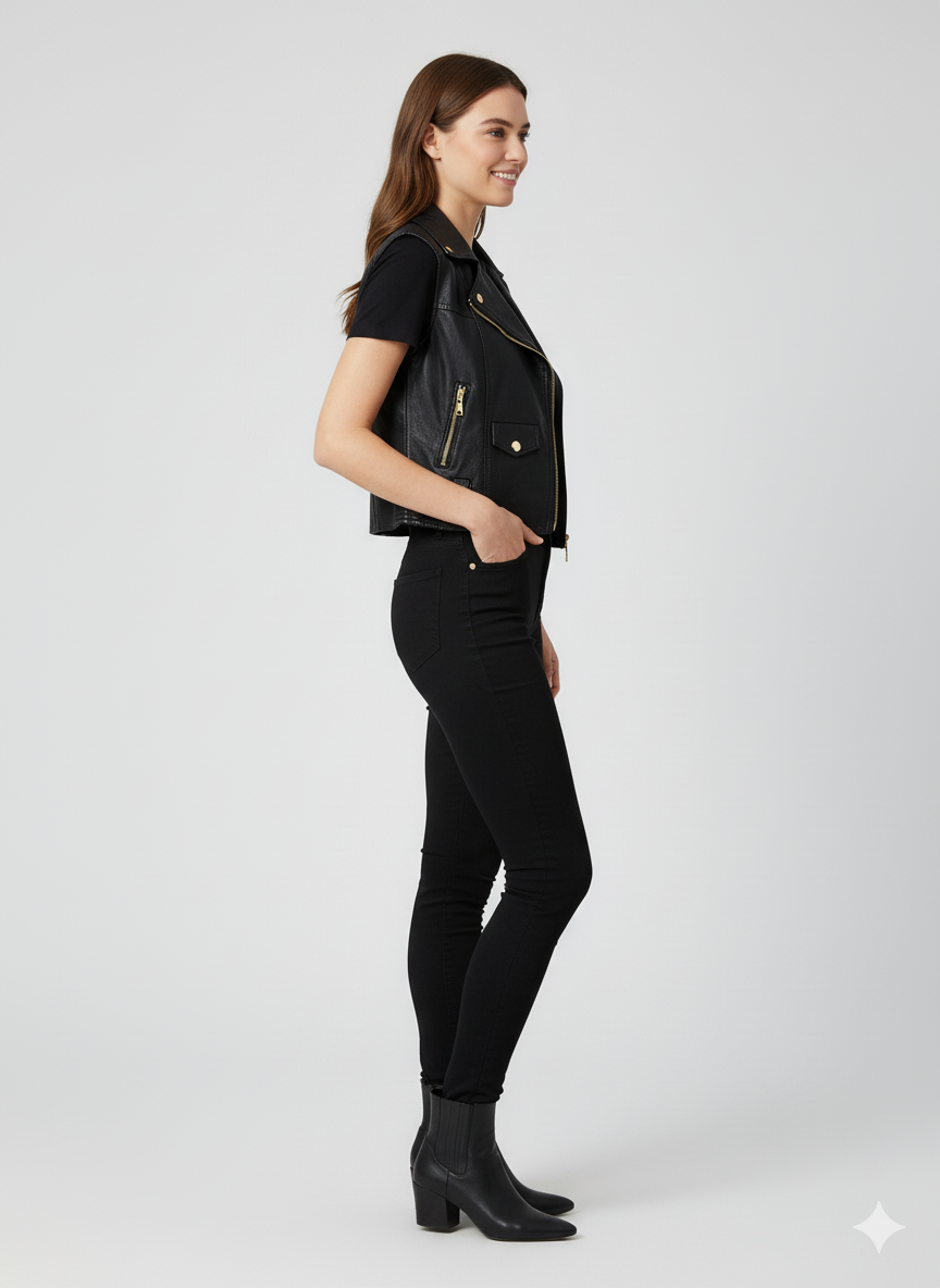 Woman wearing a black cropped biker vest over a black t-shirt, paired with black skinny jeans and black ankle boots.