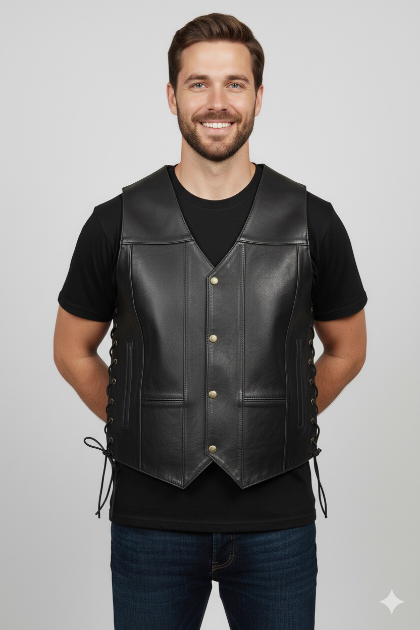 Men's black leather biker vest with asymmetrical zip closure, notched lapels, and silver hardware.