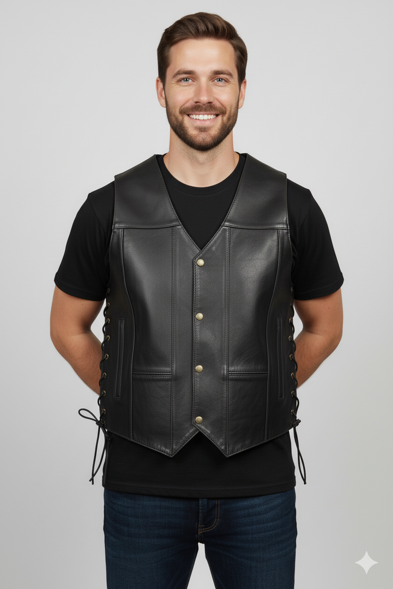 Men's black leather biker vest with asymmetrical zip closure, notched lapels, and silver hardware.