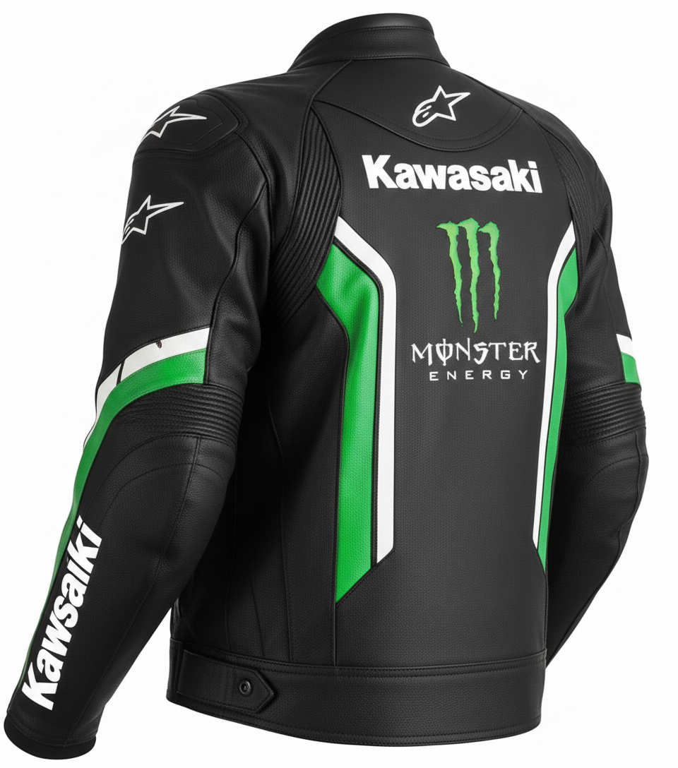 Detailed view of the Kawasaki chest logo, Monster Energy claw, and white racing stripes on a professional black leather jacket.