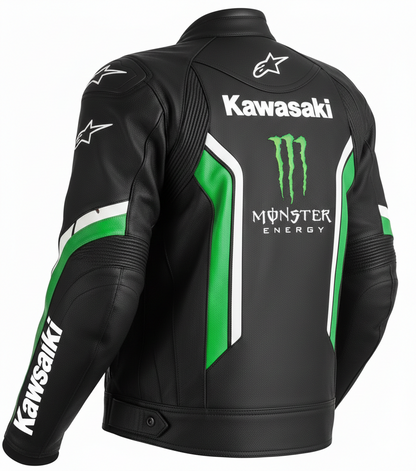 Detailed view of the Kawasaki chest logo, Monster Energy claw, and white racing stripes on a professional black leather jacket.