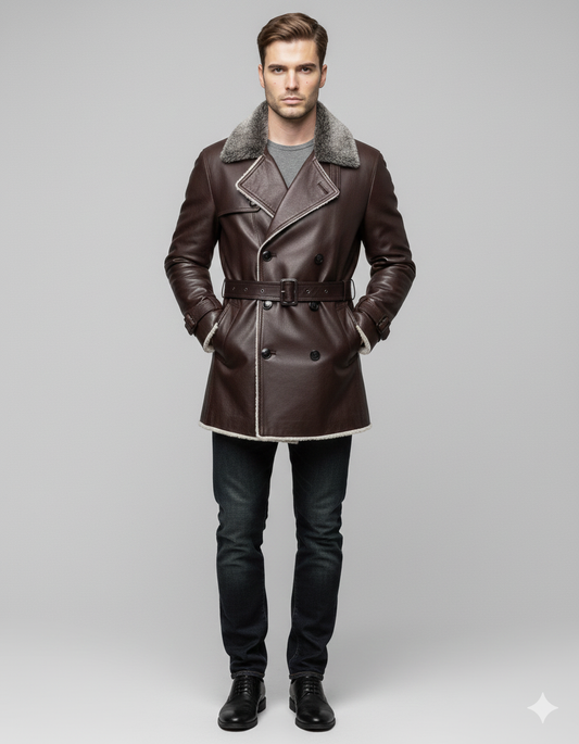 Men's espresso brown leather trench coat with a thick grey shearling lining and a belted waist.