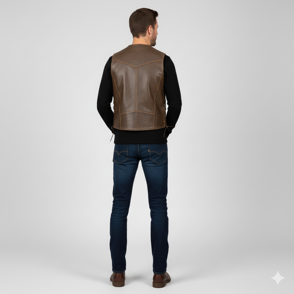 Vintage-style brown leather vest with two rows of buttons, a mandarin collar, and small waist pockets.