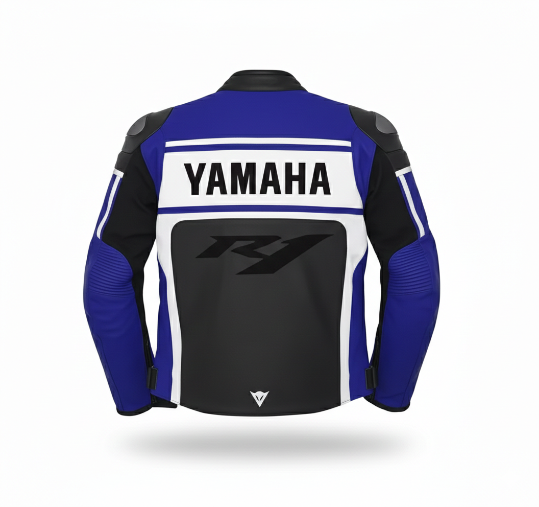 Detailed view of the Yamaha chest branding, R1 collar logo, and external hard-shell shoulder  on a tri-color racing jacket.