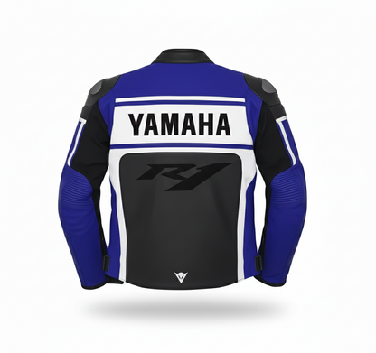 Detailed view of the Yamaha chest branding, R1 collar logo, and external hard-shell shoulder  on a tri-color racing jacket.