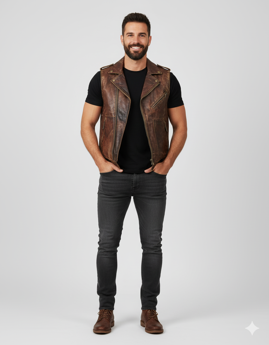 Full-length photo of a man wearing a brown leather vest with a dark leather yoke over a black long-sleeve shirt and dark wash jeans.