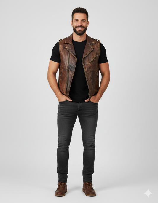 Full-length photo of a man wearing a brown leather vest with a dark leather yoke over a black long-sleeve shirt and dark wash jeans.