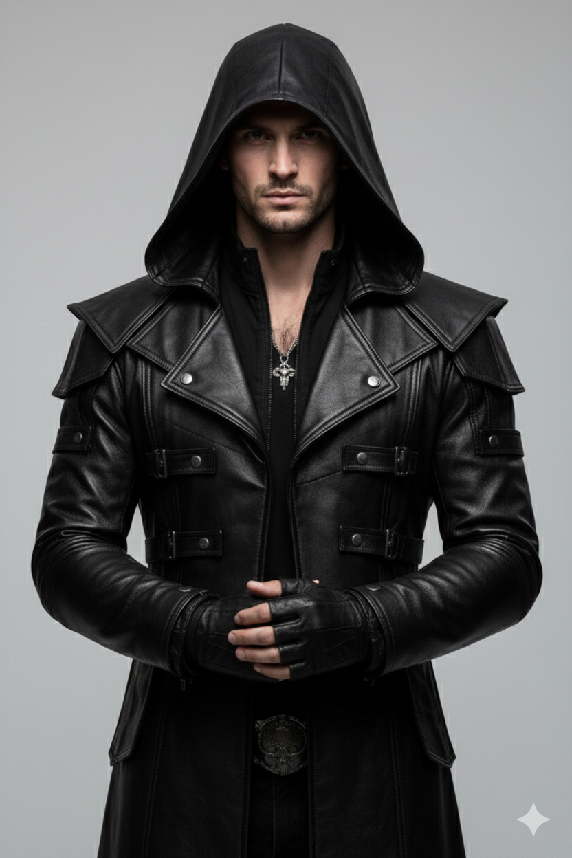 Longline black leather trench coat for men featuring an integrated hood, chest buckles, and reinforced shoulders.