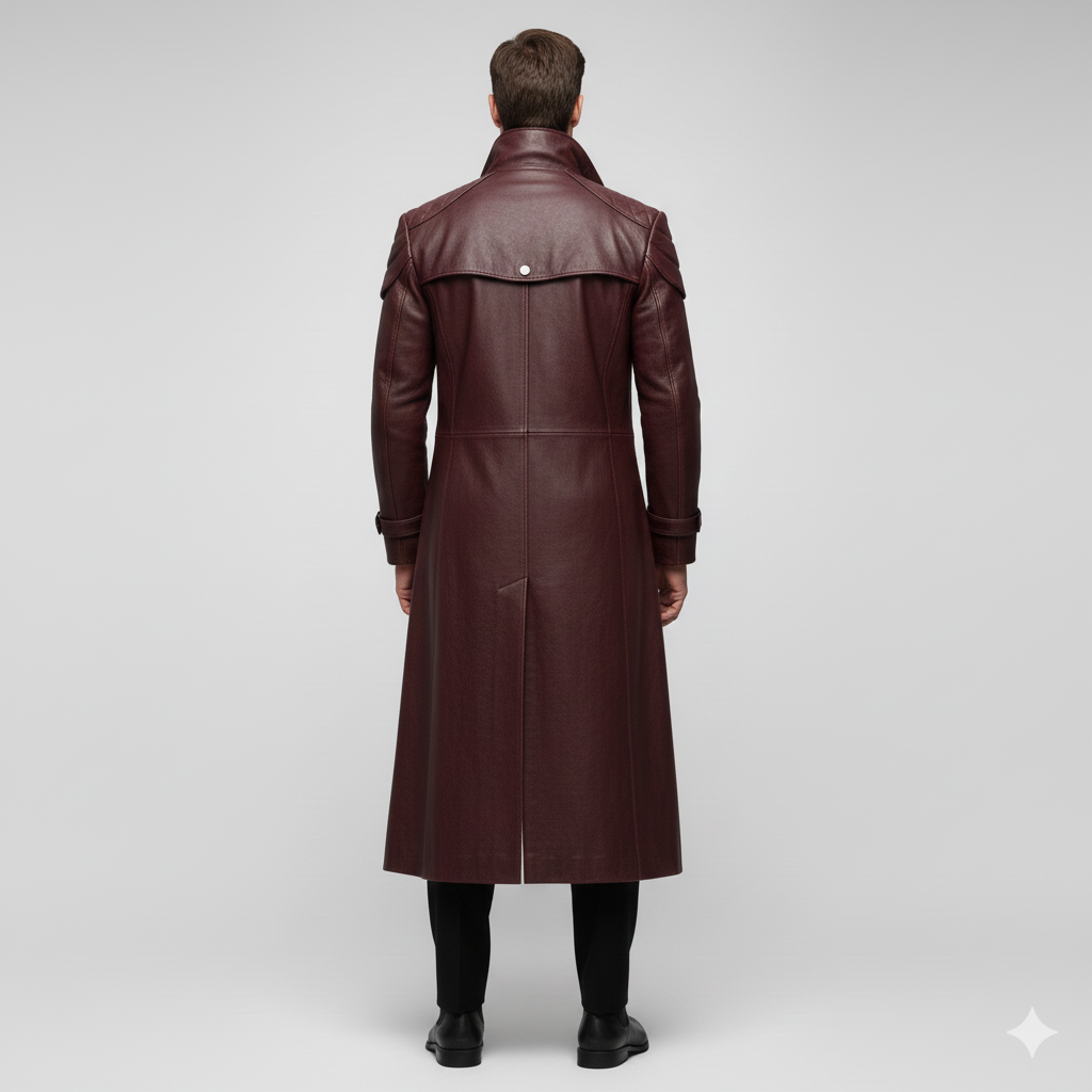 Close-up of the architectural shoulder paneling and metallic cuff buckles on a premium burgundy leather overcoat.