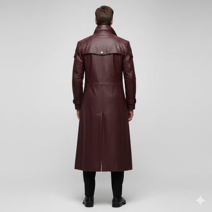 Close-up of the architectural shoulder paneling and metallic cuff buckles on a premium burgundy leather overcoat.