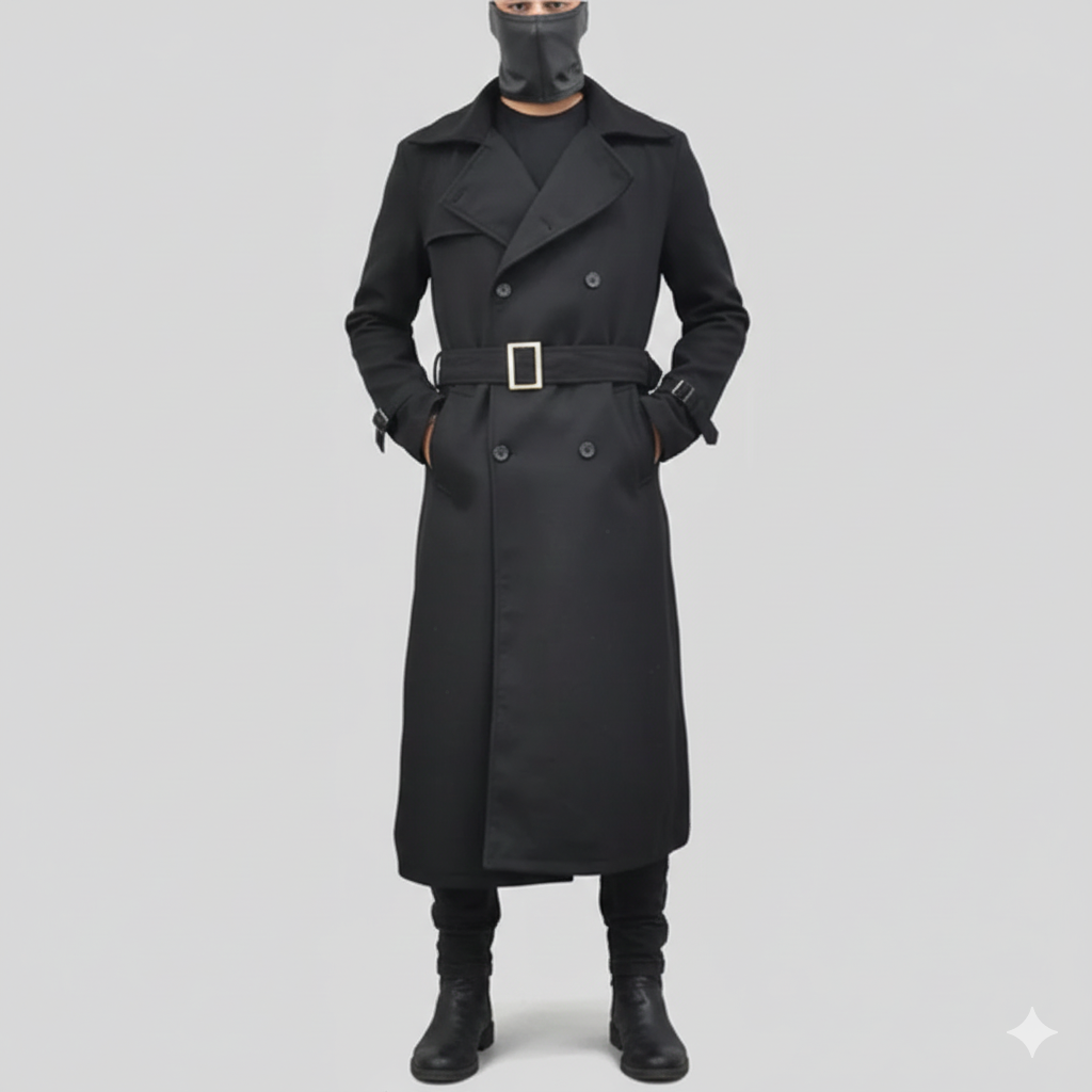 Men's obsidian black leather trench coat with a double-breasted front and a buckled waist belt.