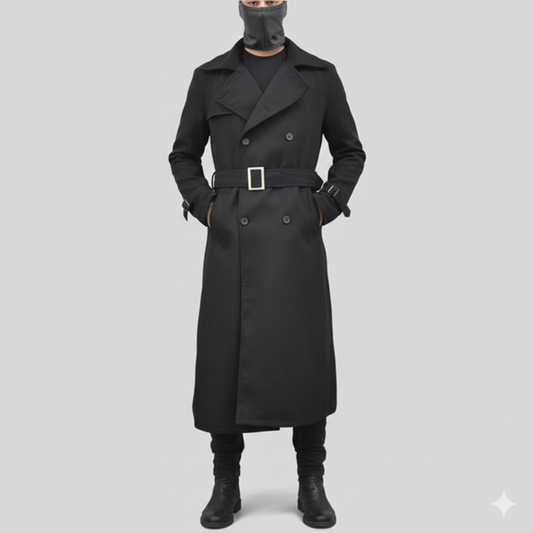 Men's obsidian black leather trench coat with a double-breasted front and a buckled waist belt.