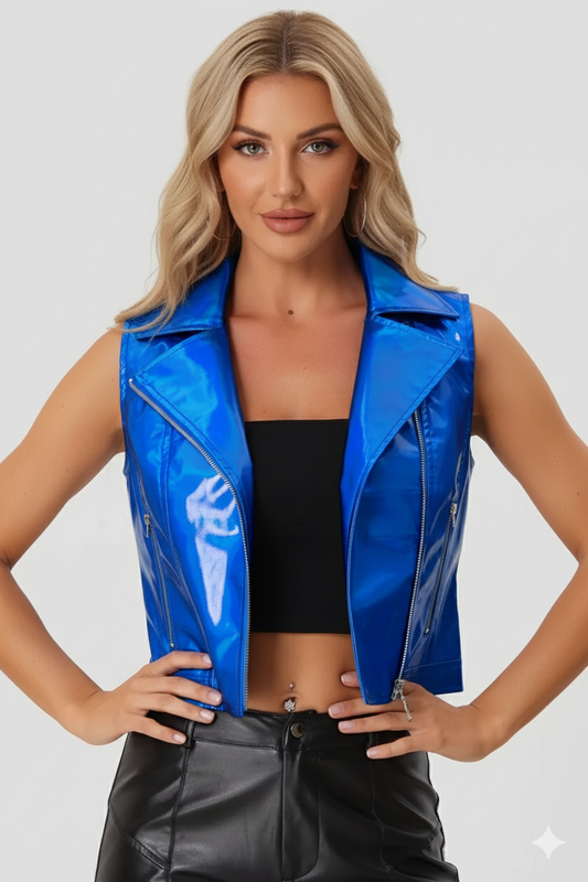 Women's royal blue patent leather biker vest with a glossy finish, asymmetrical zip, and classic moto lapels.